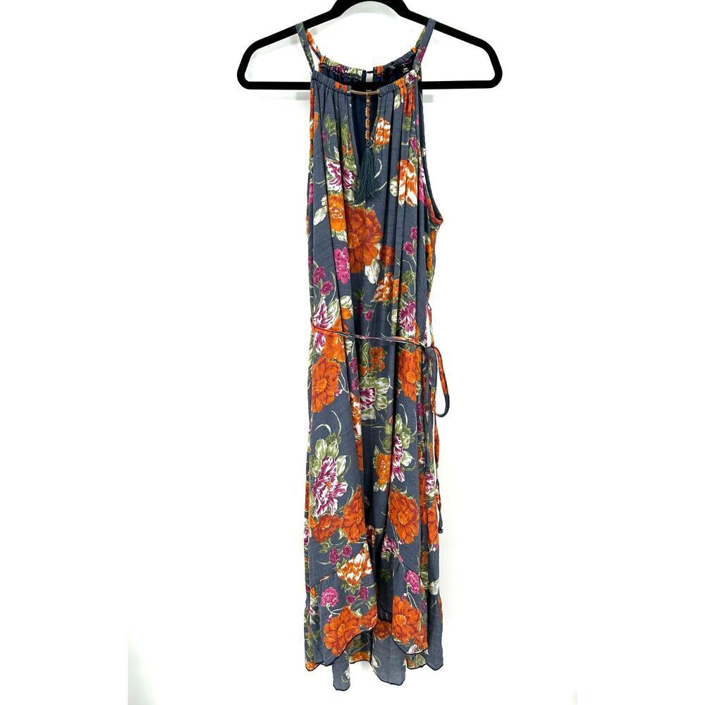 MLLE GABRIELLE Blue Orange Pink High Low Ruffle Boho Waist Tie Maxi Dress 1X